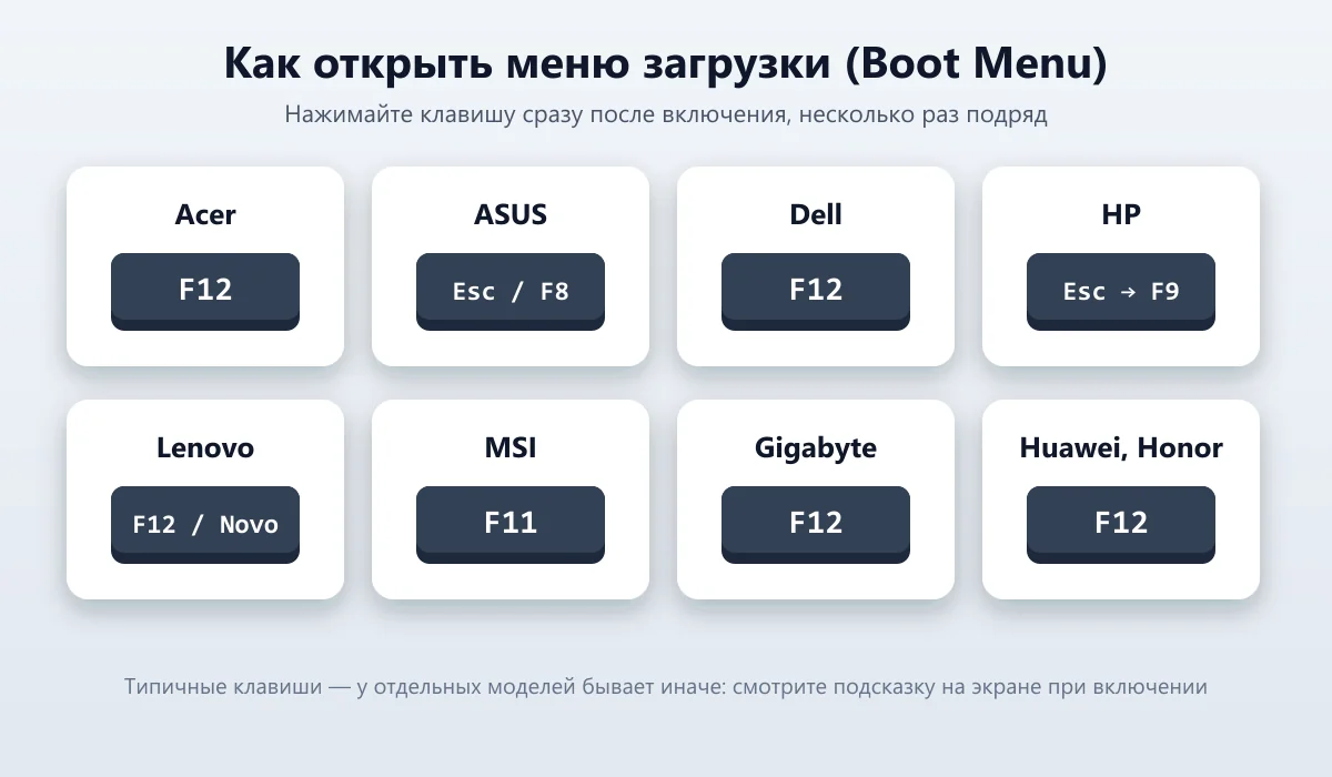 клавиши Boot Menu на ноутбуках Acer, ASUS, Dell, HP, Lenovo, MSI
