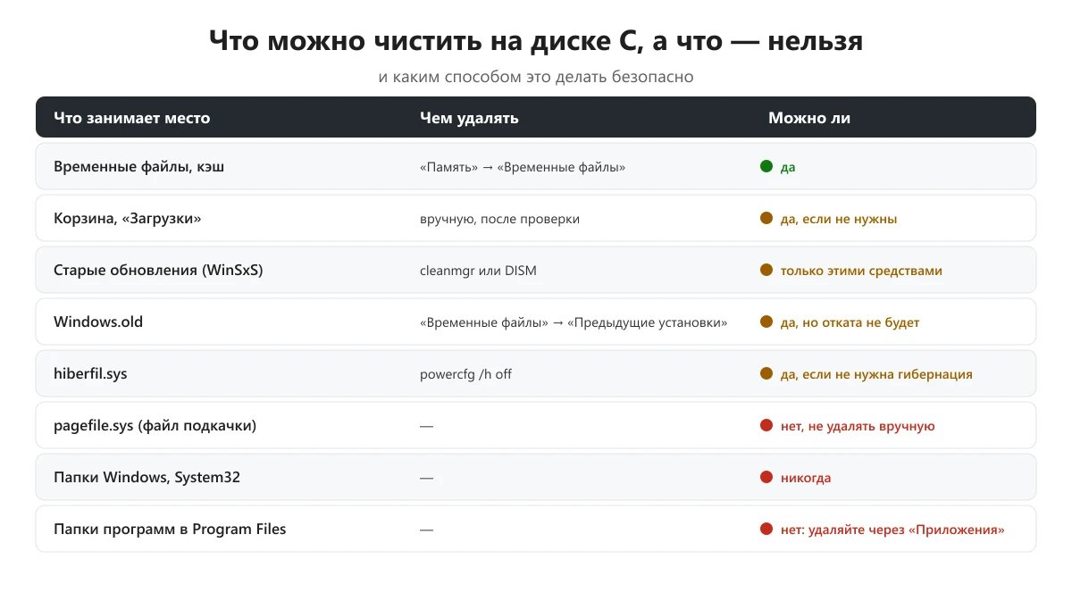 таблица: что можно удалять на диске C и чем, а что нельзя