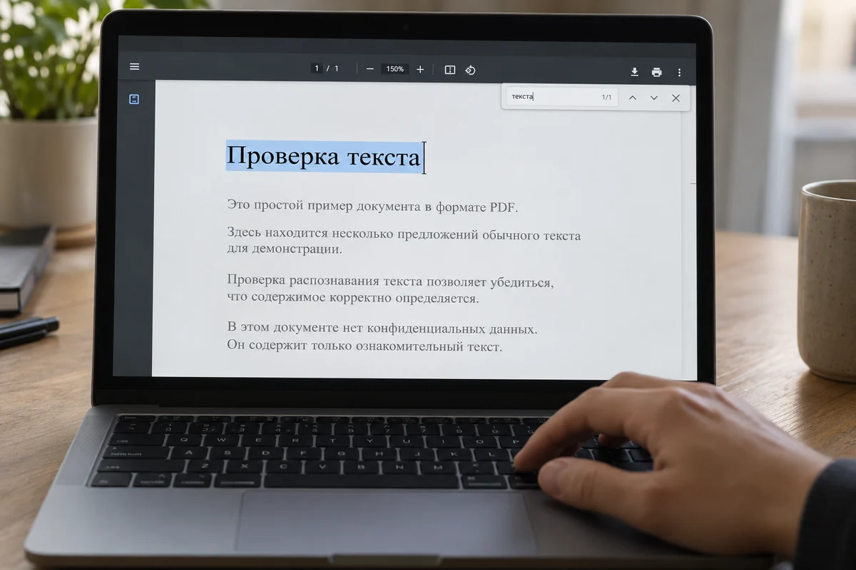 Проверка распознавания: строка текста выделяется в открытом PDF
