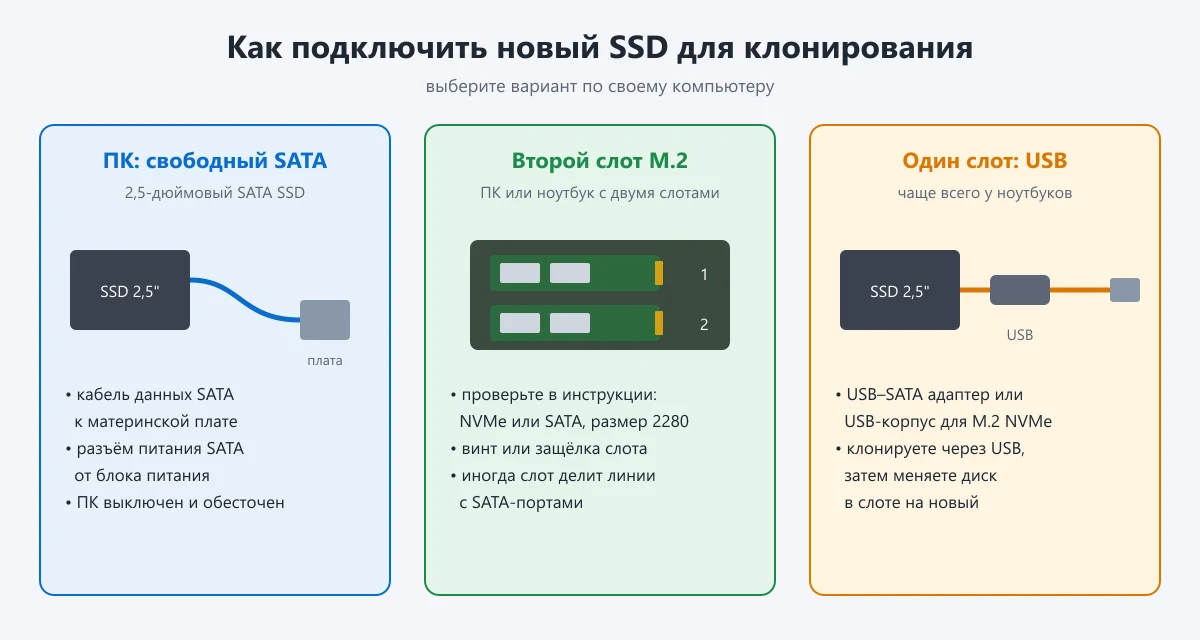 три способа подключить второй SSD: SATA-кабель, второй слот M.2, USB-адаптер